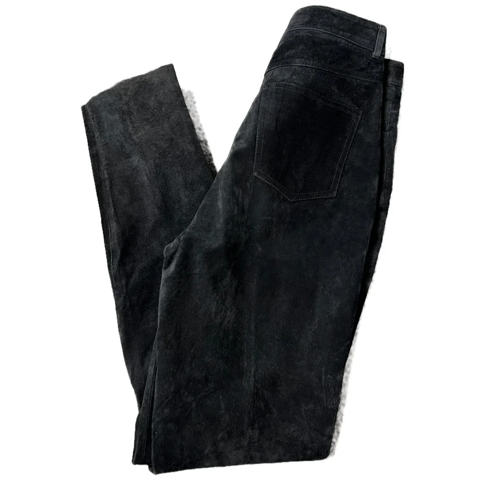 Vintage Shirley France 100% Leather Black Suede Pants Women Size 12 Straight Leg